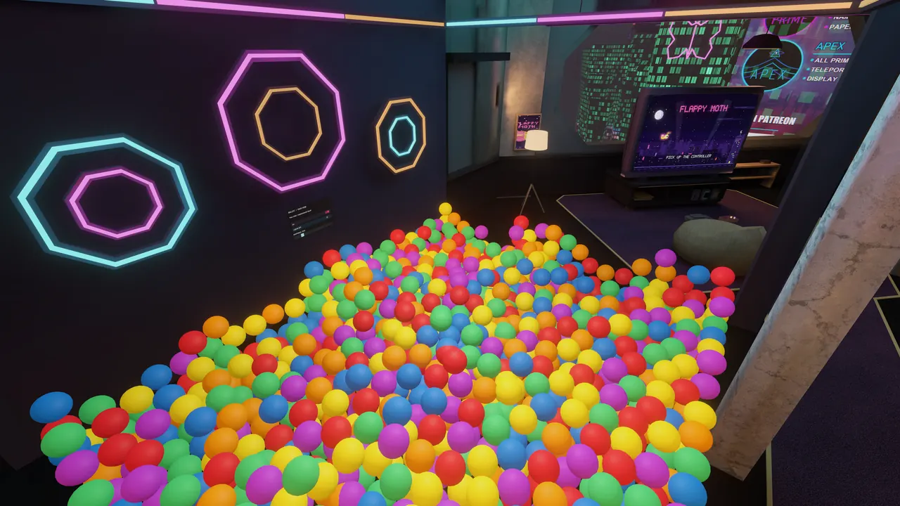 The ball pit, full of coloured balls under neon octagons