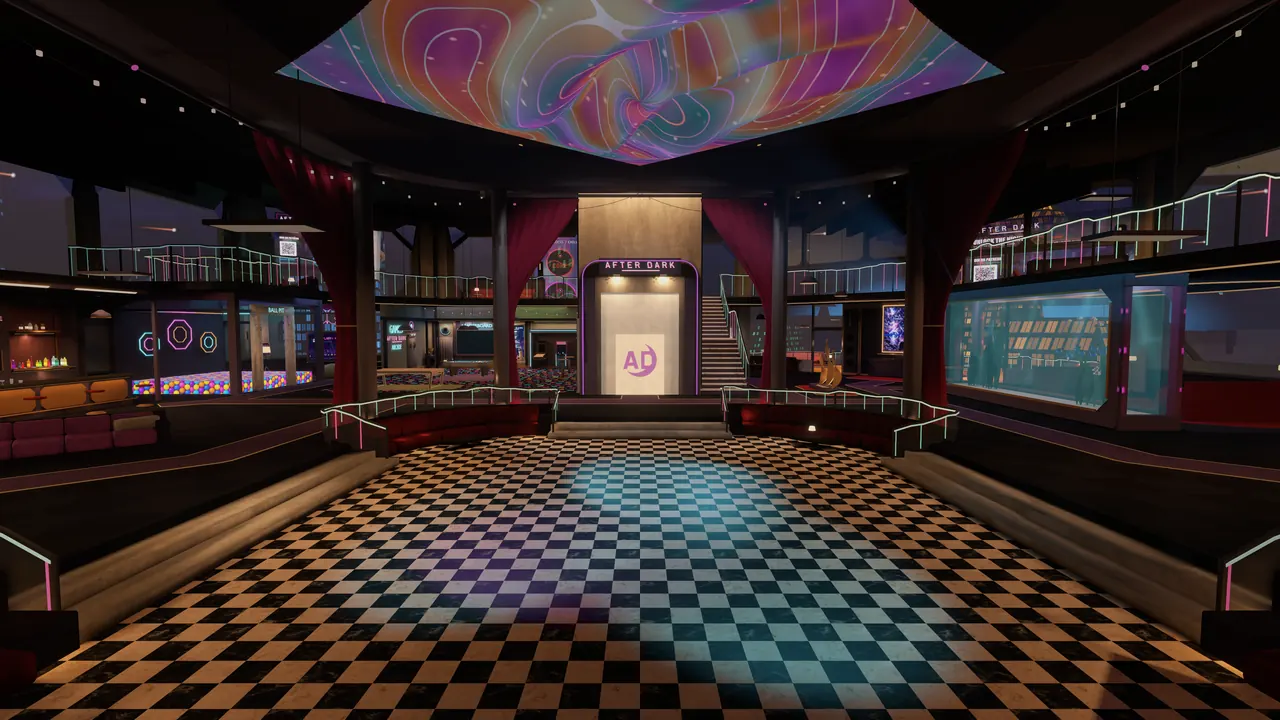 The checkerboard dance floor seen from the DJ booth, the canopy screen swirling overhead